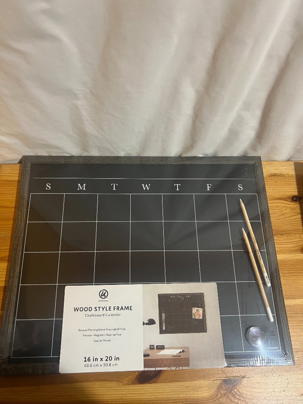 U Brands 16" x 20" Magnetic Monthly Calendar Chalkboard with Rustic Wood Frame,